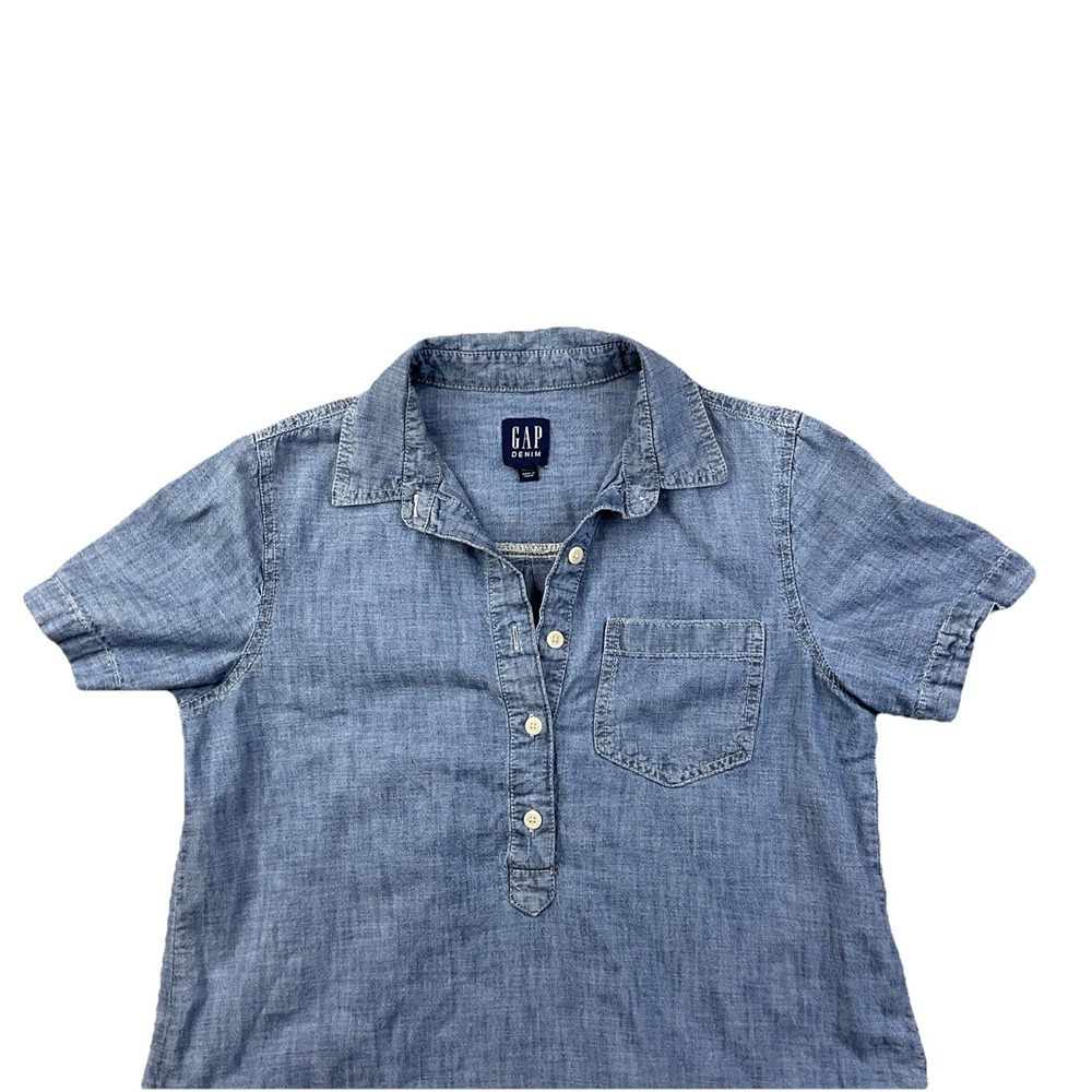 Gap Denim Popover Dress Womens Petite XS Chambray Collared Pockets Casual - Picture 2 of 7